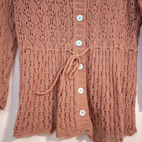 Peruvian Connection light dusty rose eyelet knit cardigan spring bday crochet - Picture 2 of 5